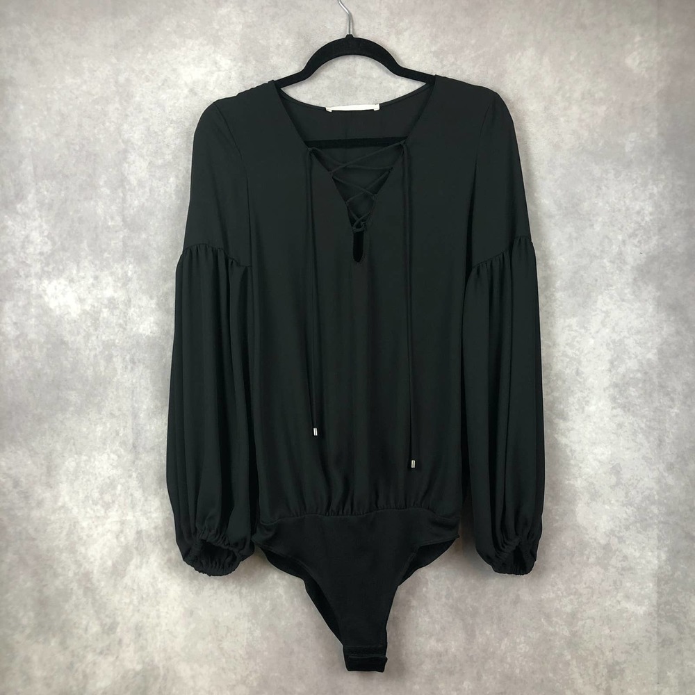 Zara Trafaluc Collection Bodysuit Blouse Small Black Balloon Long Sleeve Lace Up